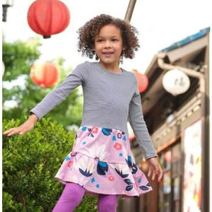 Girl's Tea Tiered Skirted Twirl Dress Sz 8 Striped Floral Cotton Long-Sleeve